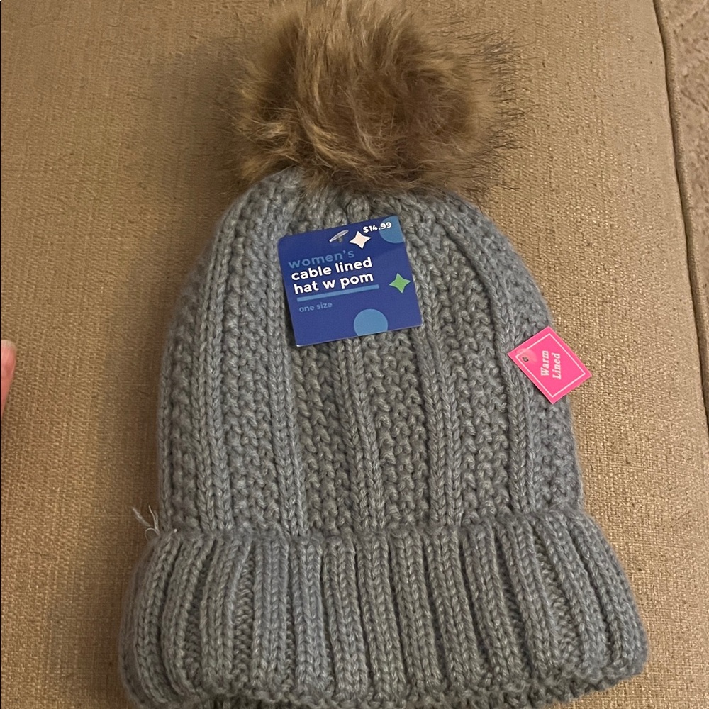 Gray Cable Knit Hat with Brown Pom
